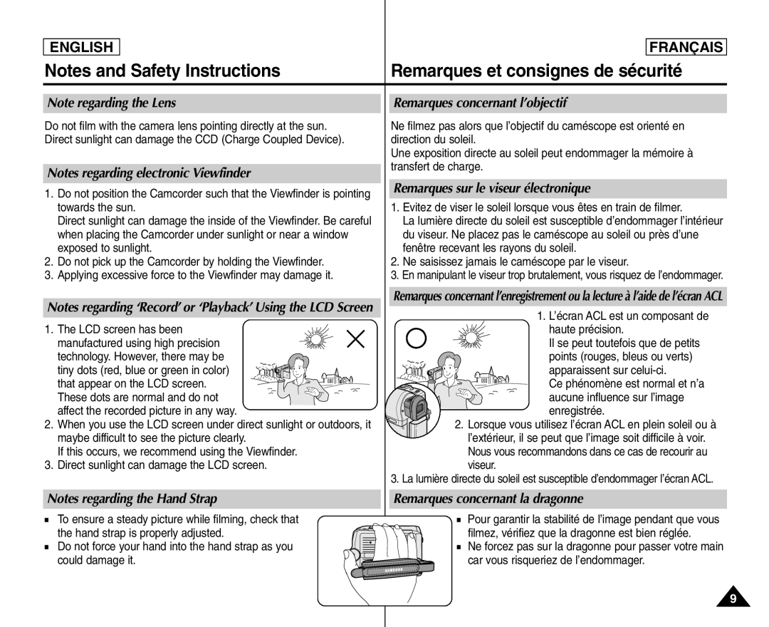 Samsung SC- D354 Remarques concernant l’objectif, Remarques sur le viseur électronique, Remarques concernant la dragonne 