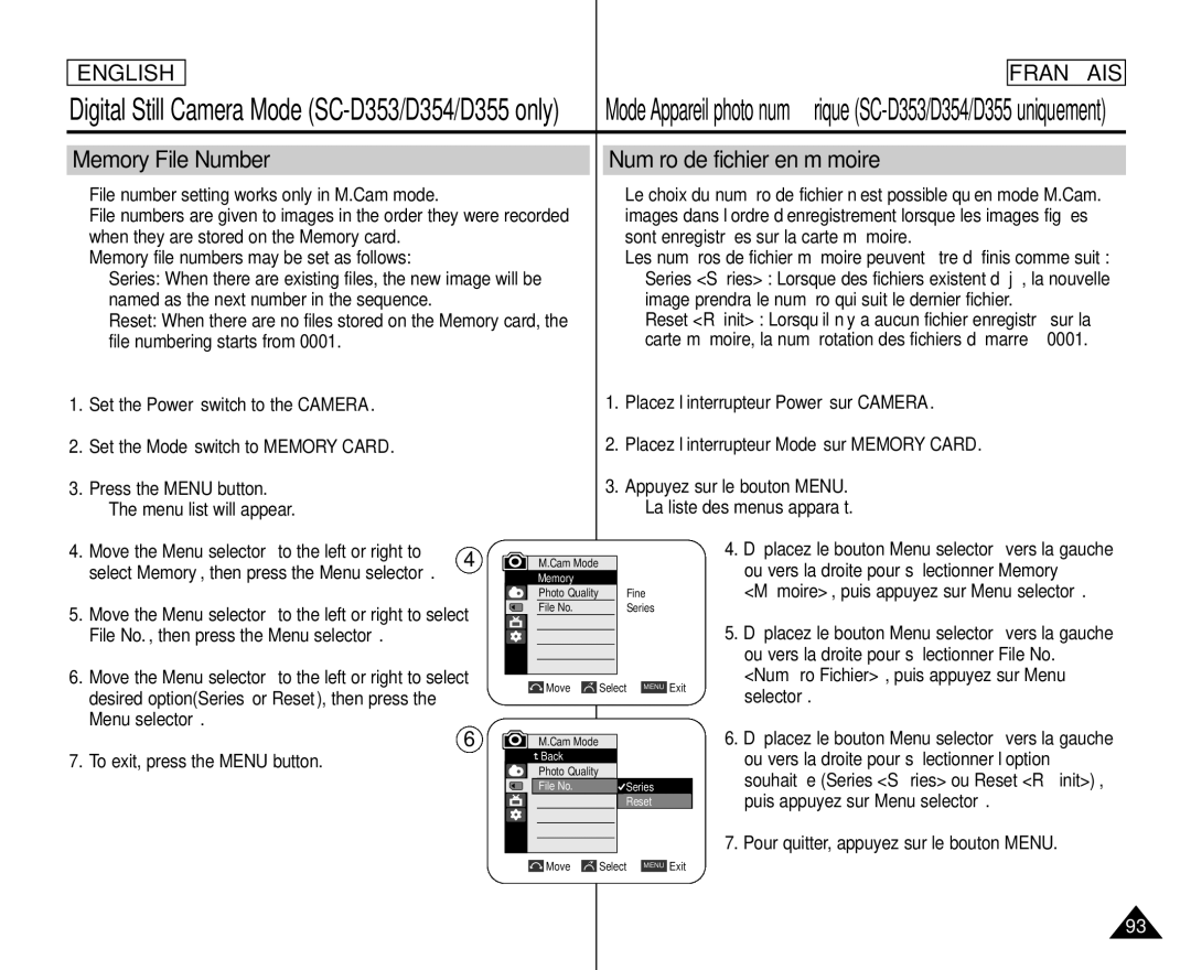 Samsung SC- D354 manuel dutilisation Memory File Number Numéro de fichier en mémoire 