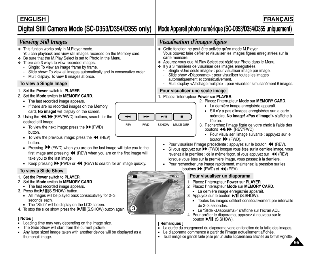 Samsung SC- D354 Viewing Still Images, Visualisation d’images figées, To view a Single Image, To view a Slide Show 