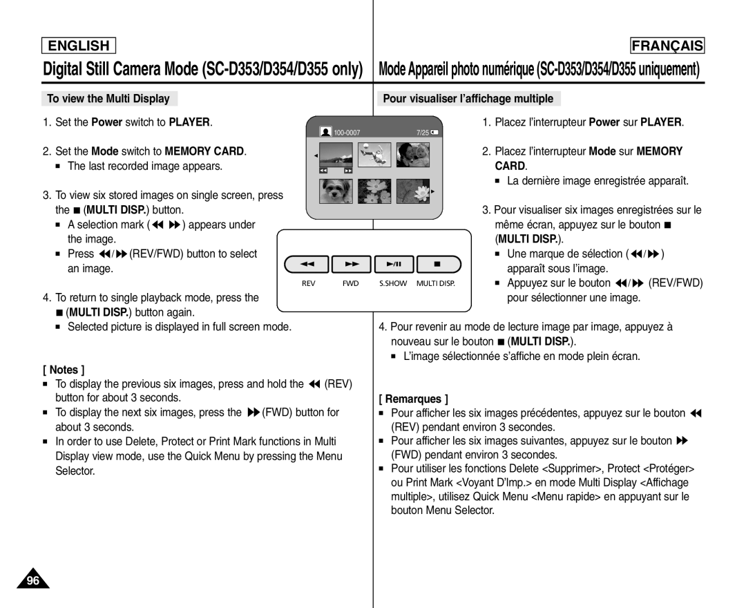 Samsung SC- D354 Pour visualiser l’affichage multiple, Appuyez sur le bouton / REV/FWD, Pour sélectionner une image 