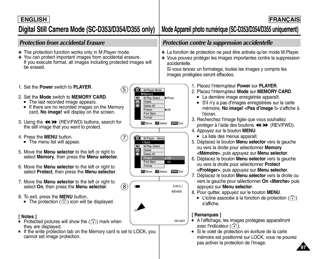 Samsung SC- D354 manuel dutilisation Protection from accidental Erasure, Protection contre la suppression accidentelle 