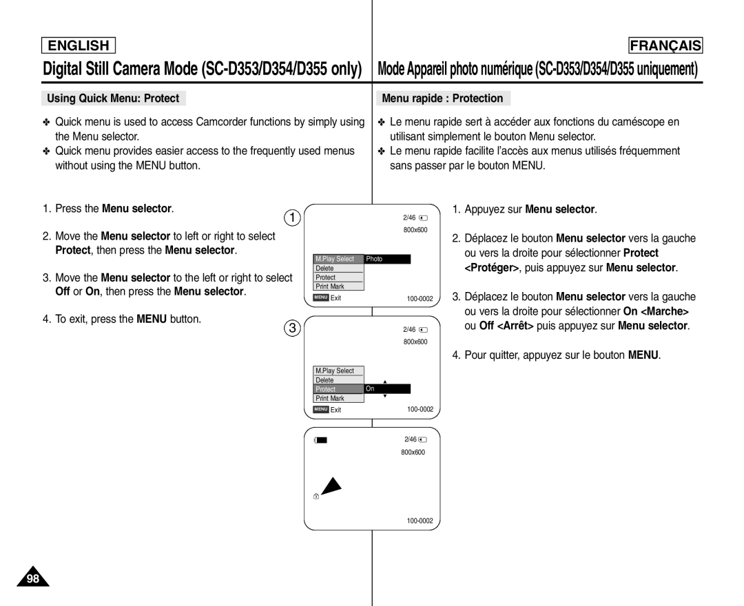 Samsung SC- D354 manuel dutilisation Press the Menu selector, Using Quick Menu Protect Menu rapide Protection 