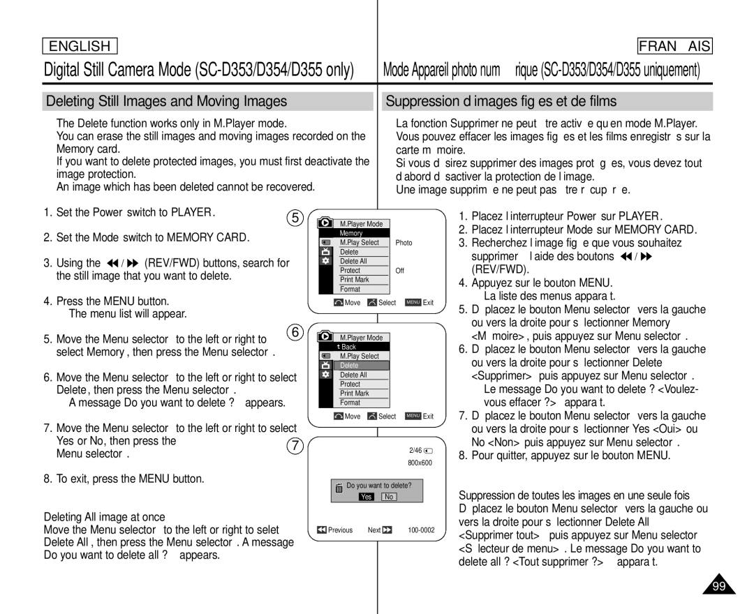 Samsung SC- D354 Message Do you want to delete ? appears, Vous effacer ? apparaît, Deleting All image at once 