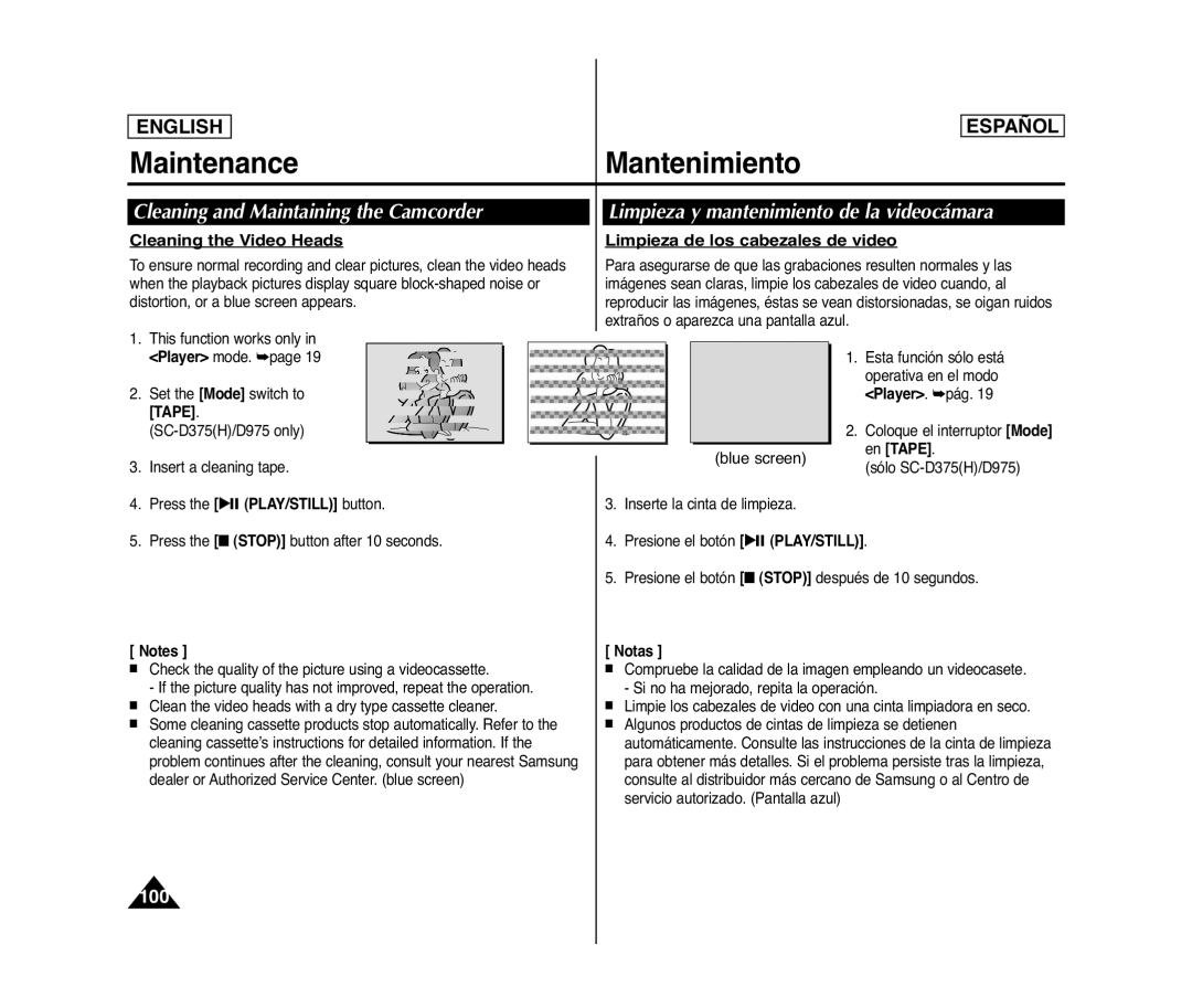 Samsung SC- D375(H) manual Cleaning and Maintaining the Camcorder, Limpieza y mantenimiento de la videocámara 