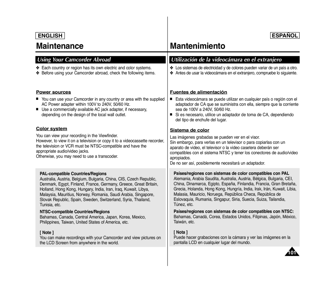 Samsung SC- D375(H) manual Using Your Camcorder Abroad, Utilización de la videocámara en el extranjero 