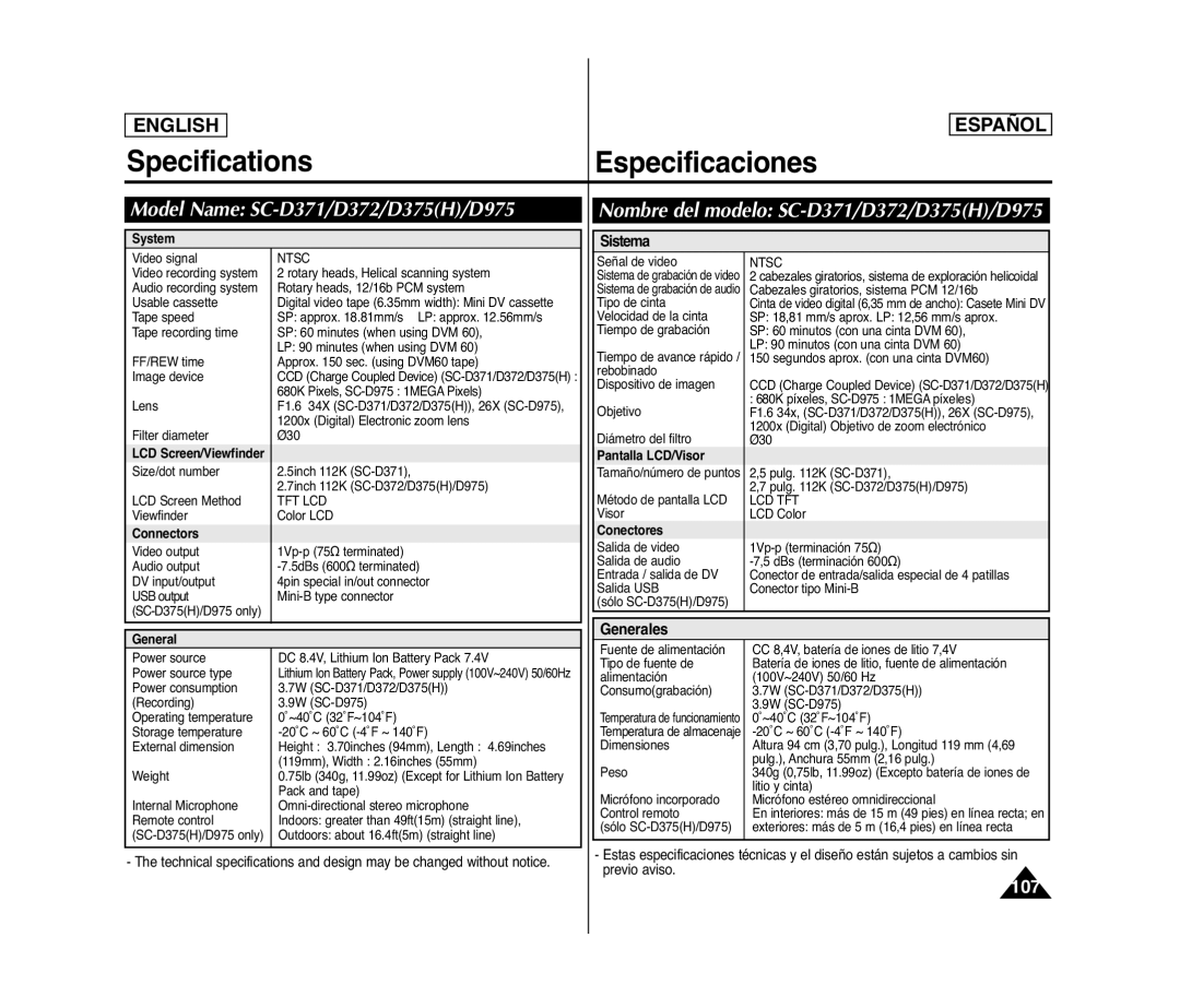 Samsung SC- D375(H) manual SpecificationsEspecificaciones, Model Name SC-D371/D372/D375H/D975, Sistema, Generales 