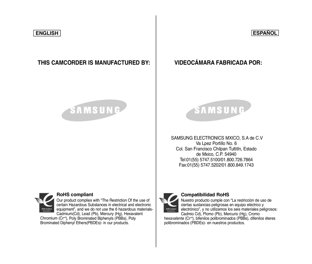 Samsung SC- D375(H) manual This Camcorder is Manufactured by Videocámara Fabricada POR 