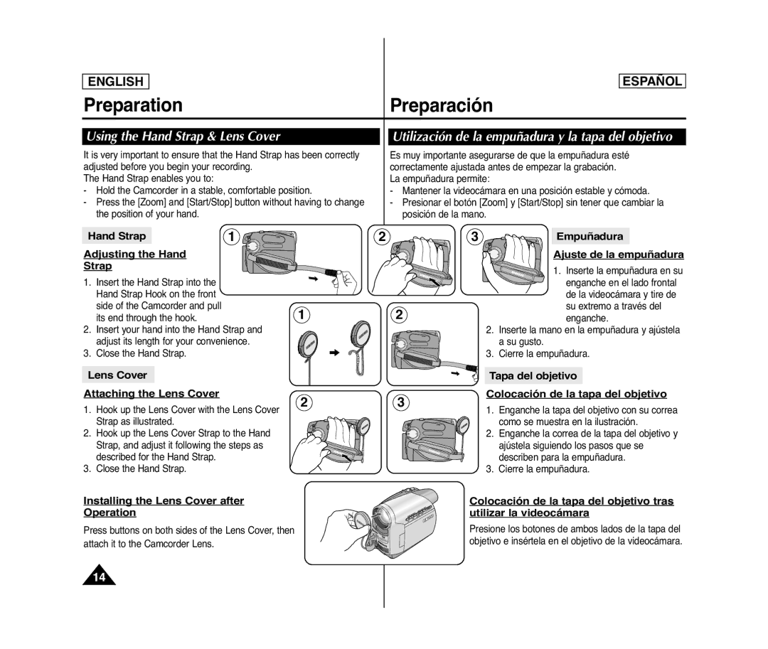 Samsung SC- D375(H) manual PreparationPreparación, Using the Hand Strap & Lens Cover 