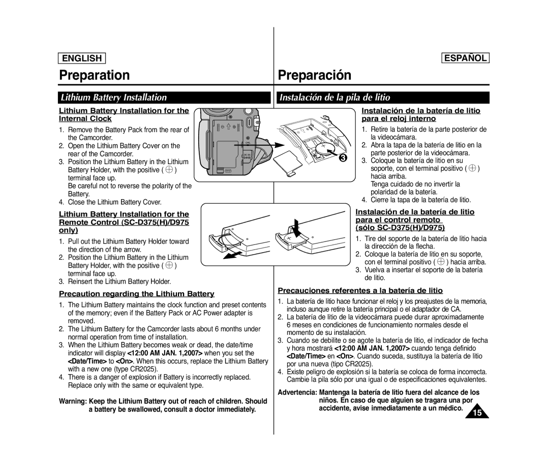 Samsung SC- D375(H) manual Lithium Battery Installation, Instalación de la pila de litio 