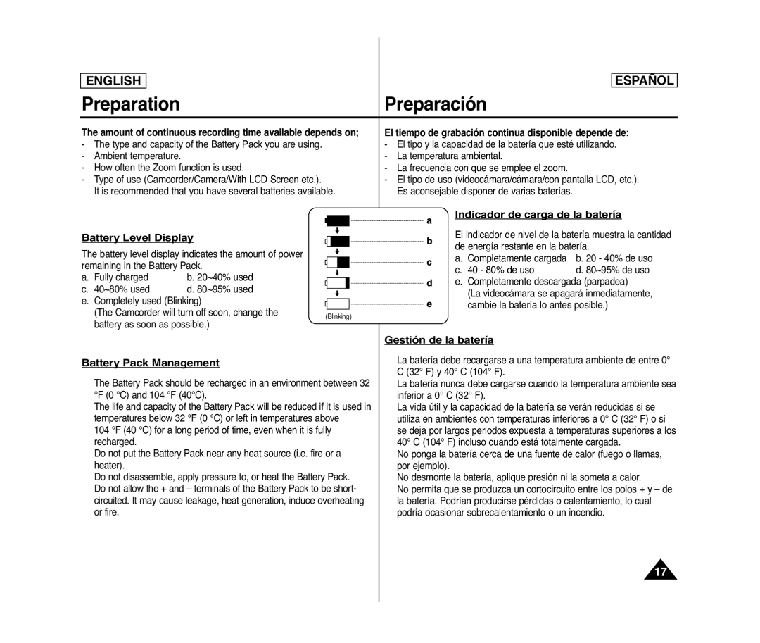 Samsung SC- D375(H) manual Battery Level Display, Battery Pack Management, Indicador de carga de la batería 