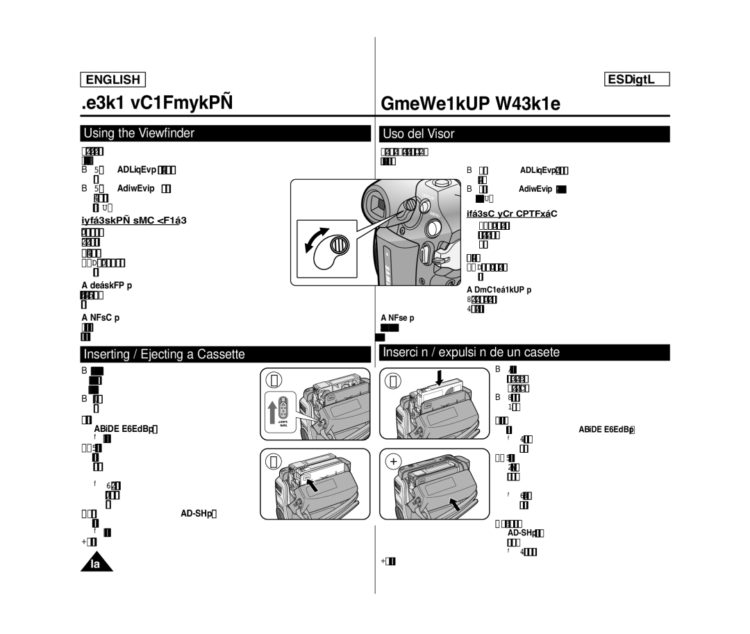 Samsung SC- D375(H) Basic Recording Grabación básica, Using the Viewfinder, Uso del Visor, Inserting / Ejecting a Cassette 