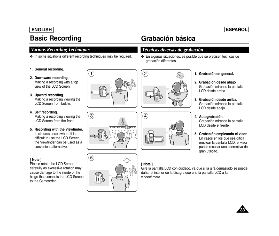 Samsung SC- D375(H) manual Various Recording Techniques, Técnicas diversas de grabación, Grabación en general 