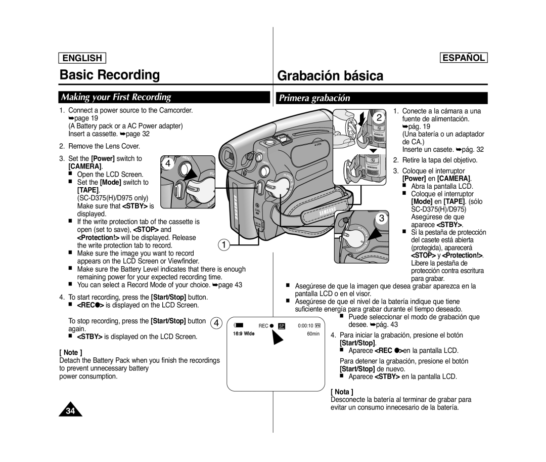 Samsung SC- D375(H) manual Primera grabación, Making your First Recording, Tape, Start/Stop 