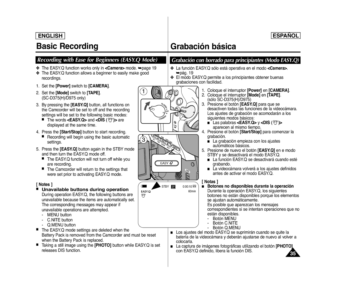 Samsung SC- D375(H) manual Recording with Ease for Beginners EASY.Q Mode, Unavailable buttons during operation 