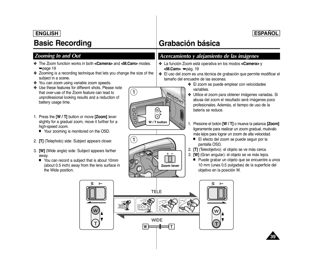 Samsung SC- D375(H) manual Zooming In and Out, Acercamiento y alejamiento de las imágenes, Button, Zoom lever 