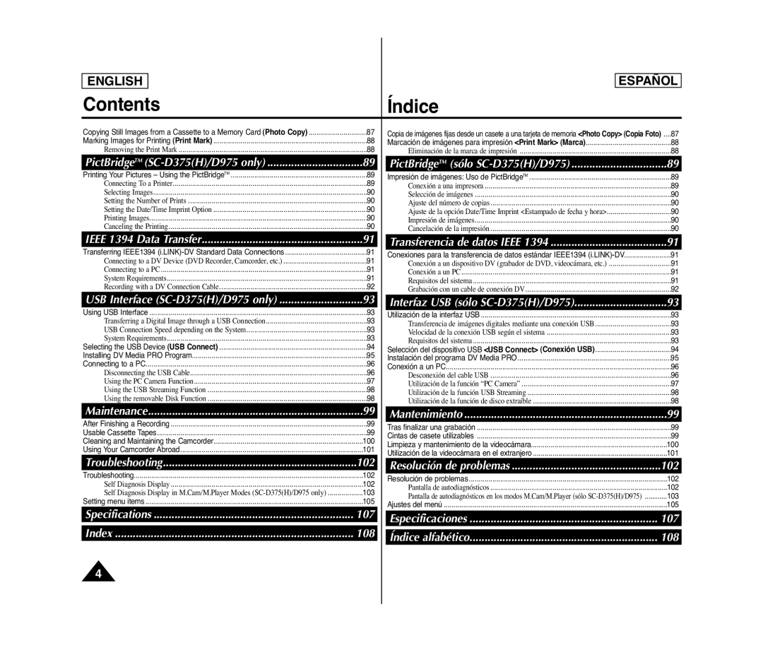 Samsung SC- D375(H) manual 102, 107, 108 