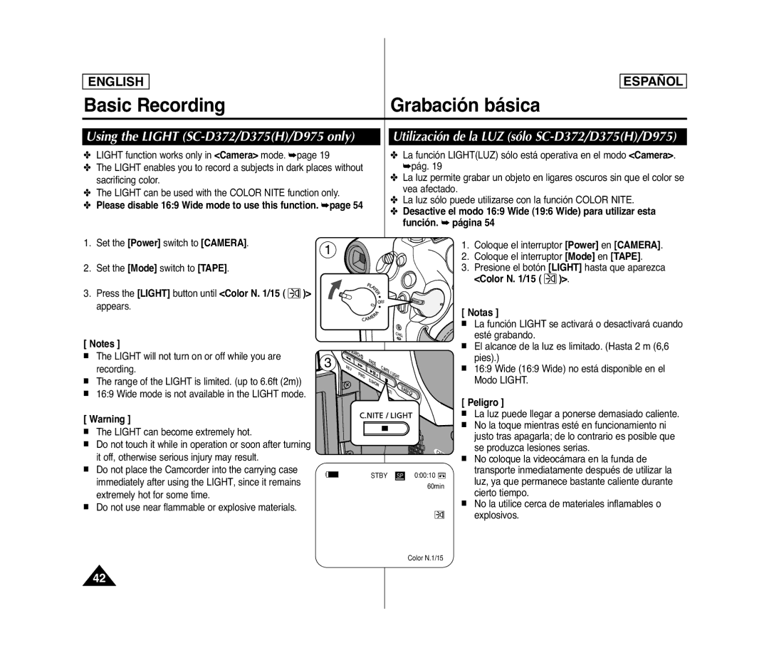 Samsung SC- D375(H) manual Using the Light SC-D372/D375H/D975 only, Utilización de la LUZ sólo SC-D372/D375H/D975, Peligro 