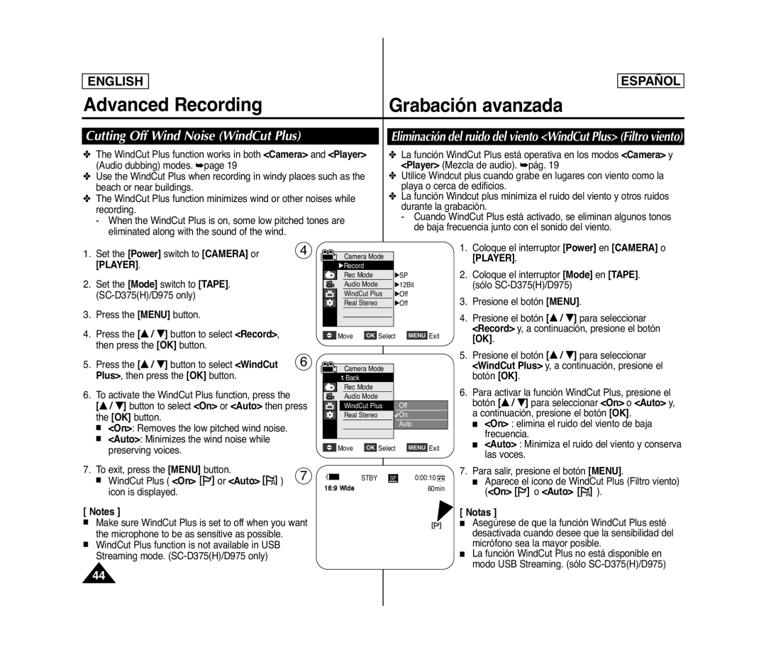 Samsung SC- D375(H) manual Advanced Recording Grabación avanzada, Cutting Off Wind Noise WindCut Plus, Auto Notas 