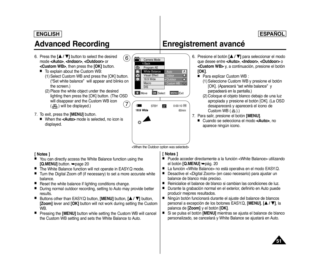 Samsung SC- D375(H) manual Advanced Recording Enregistrement avancé, Mode Auto, Indoor, Outdoor or 