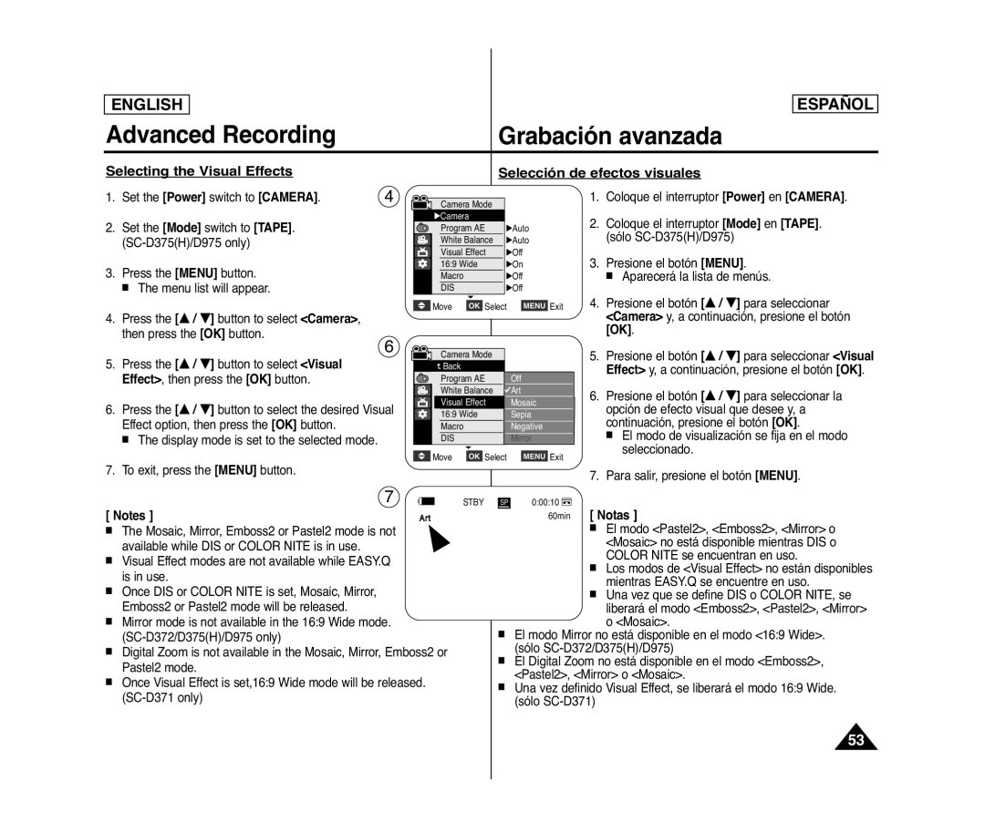 Samsung SC- D375(H) manual Selecting the Visual Effects Selección de efectos visuales, 60min Notas 