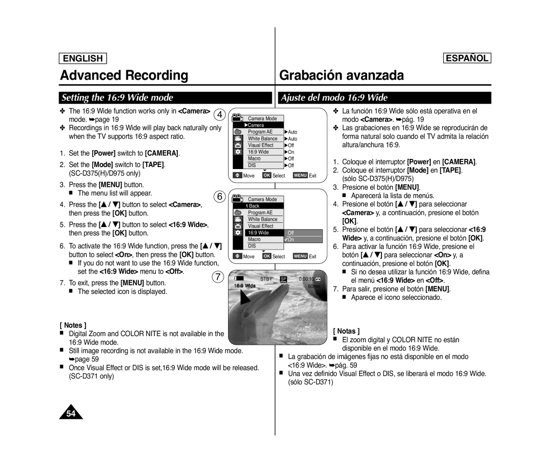 Samsung SC- D375(H) manual Ajuste del modo 169 Wide, El menú 169 Wide en Off 