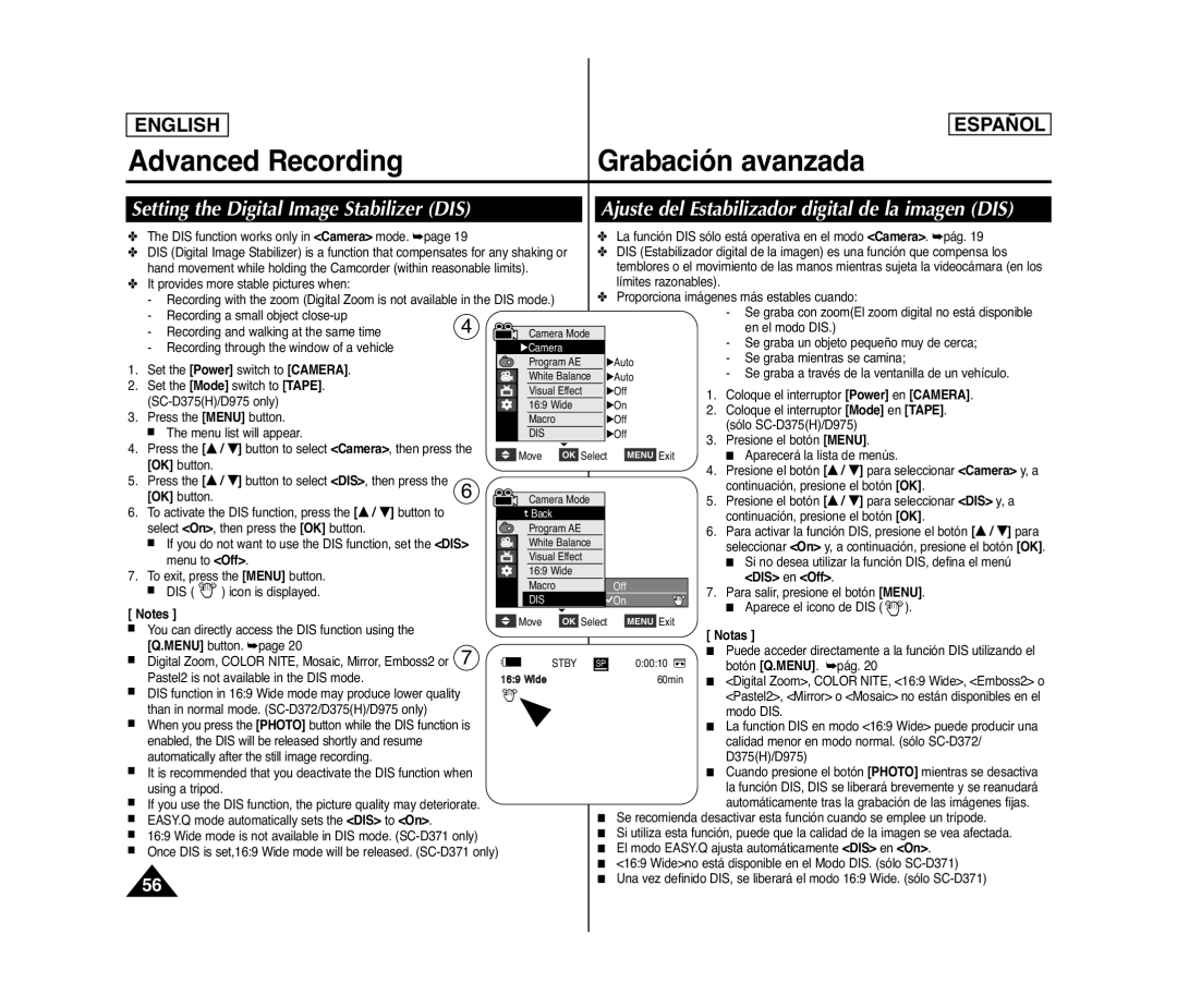 Samsung SC- D375(H) manual Setting the Digital Image Stabilizer DIS, Ajuste del Estabilizador digital de la imagen DIS 