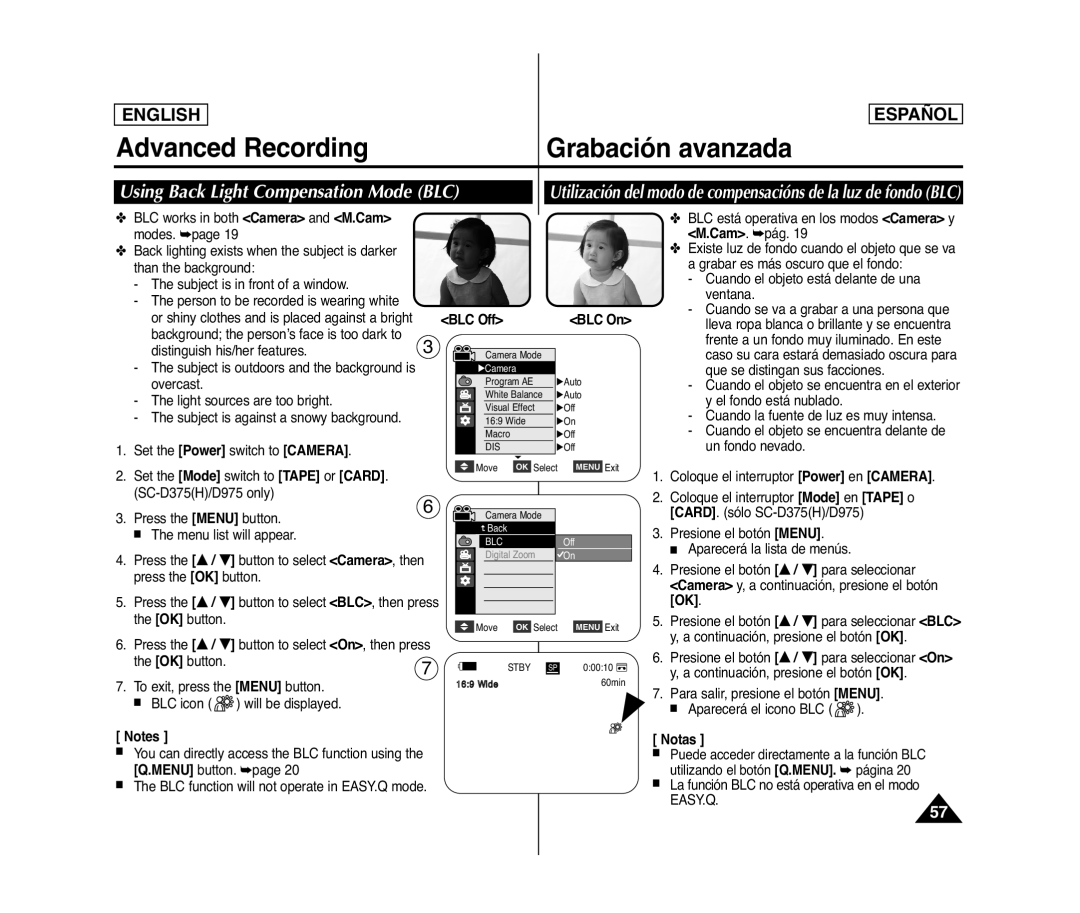 Samsung SC- D375(H) manual Using Back Light Compensation Mode BLC, BLC Off BLC On 