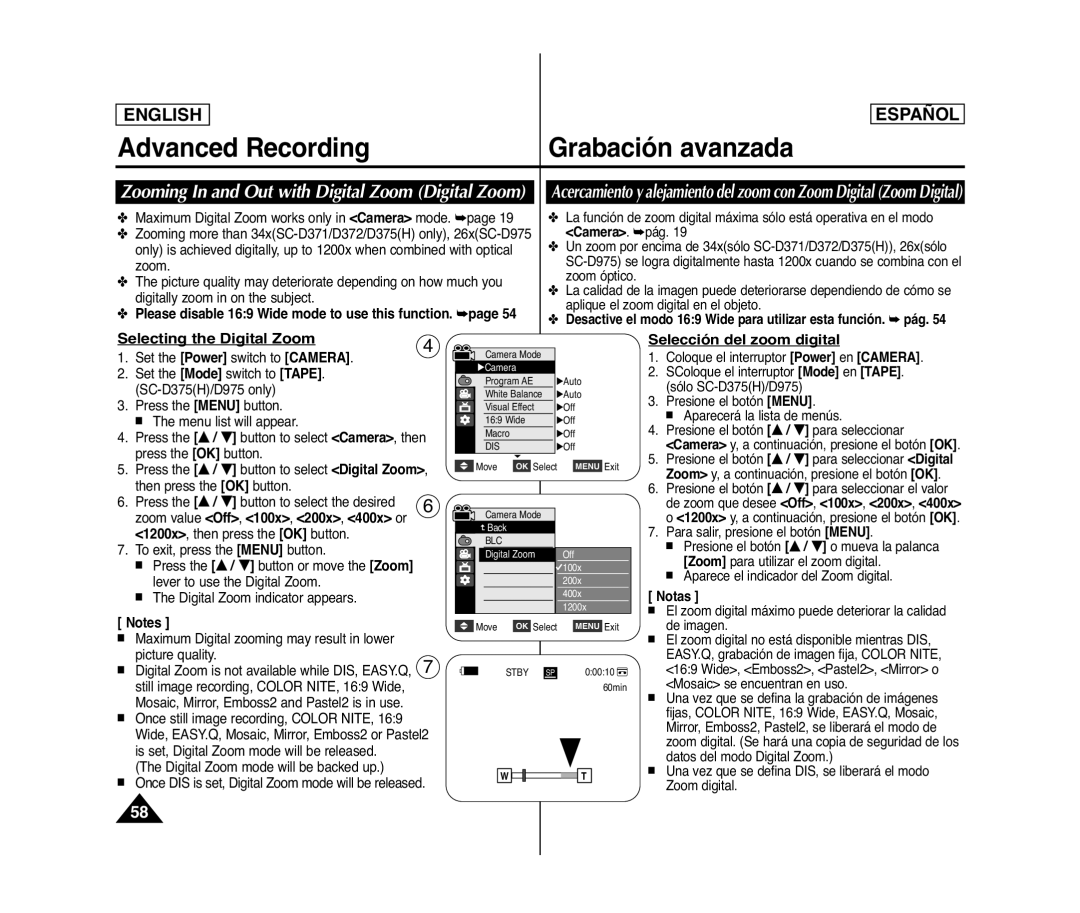 Samsung SC- D375(H) manual Zooming In and Out with Digital Zoom Digital Zoom, Selecting the Digital Zoom 