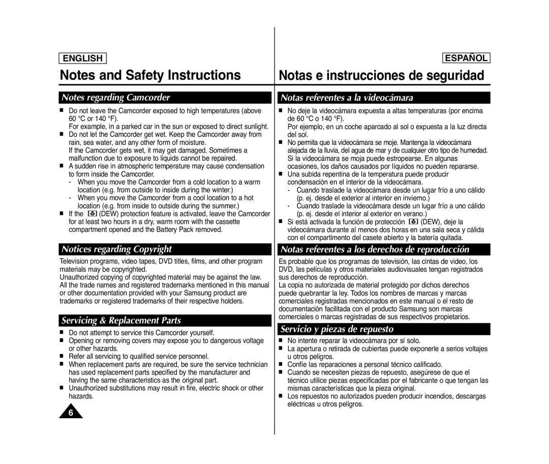 Samsung SC- D375(H) manual Notas referentes a la videocámara, Servicing & Replacement Parts, Servicio y piezas de repuesto 