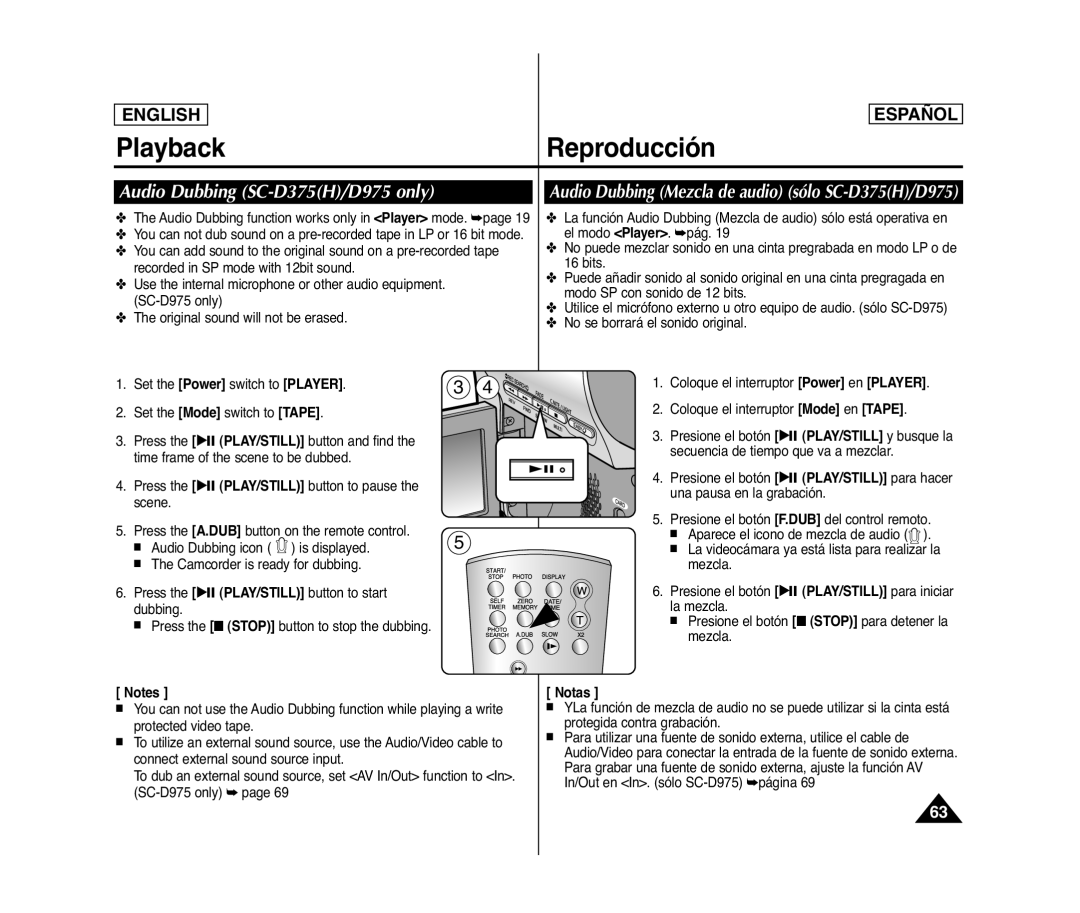 Samsung SC- D375(H) manual Audio Dubbing SC-D375H/D975 only, Audio Dubbing Mezcla de audio sólo SC-D375H/D975 