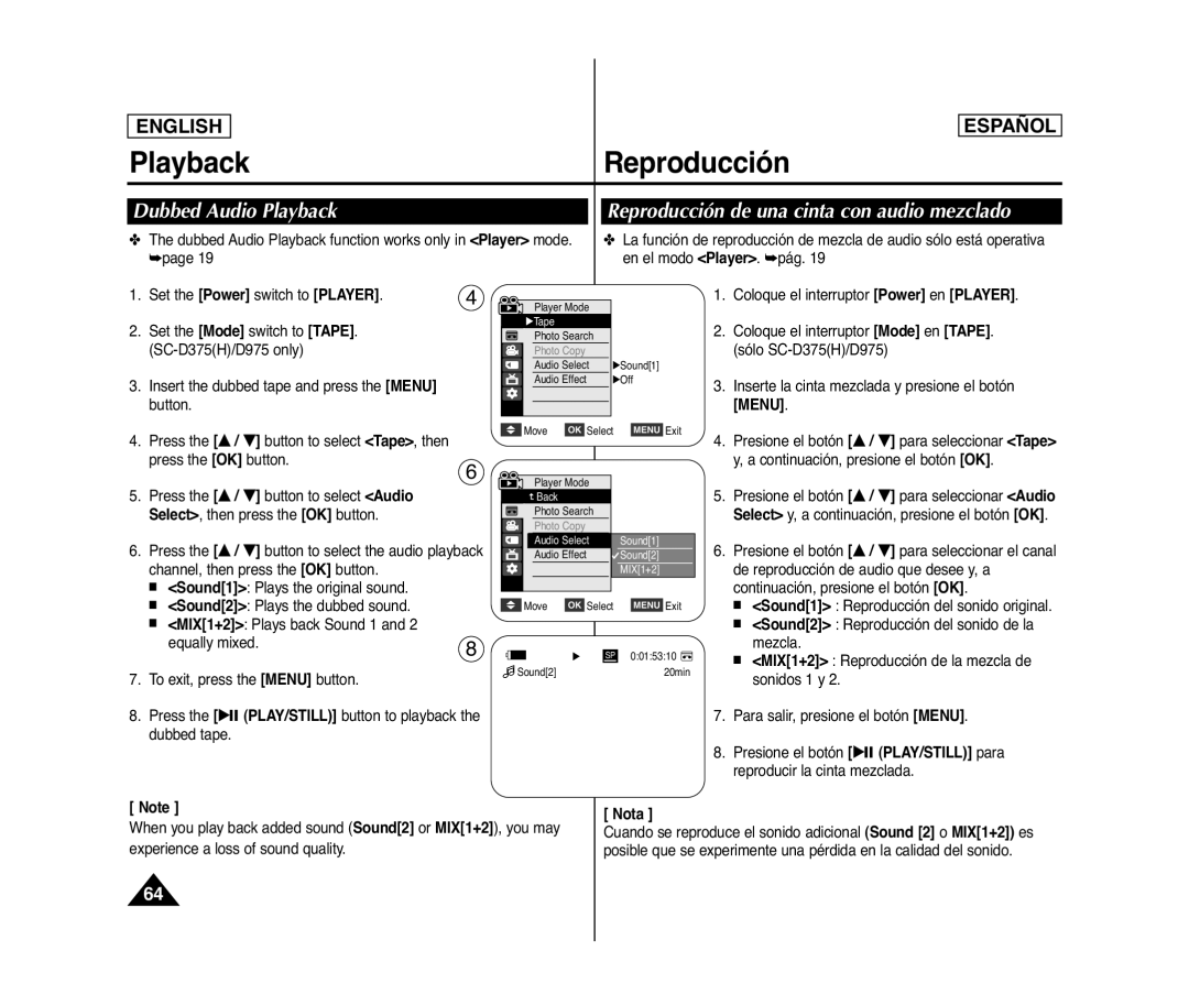 Samsung SC- D375(H) manual Dubbed Audio Playback, Reproducción de una cinta con audio mezclado 