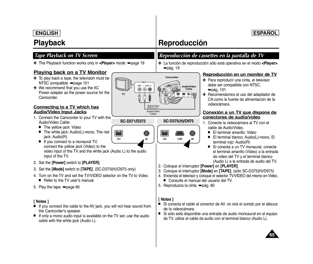 Samsung SC- D375(H) manual Tape Playback on TV Screen, Connecting to a TV which has, Audio/Video Input Jacks 