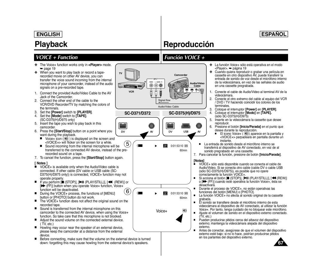 Samsung SC- D375(H) manual Voice + Function Función Voice +, Videocámara 