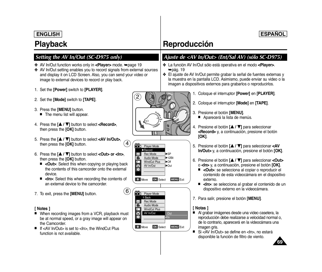 Samsung SC- D375(H) manual Setting the AV In/Out SC-D975 only, Ajuste de AV In/Out Ent/Sal AV sólo SC-D975 