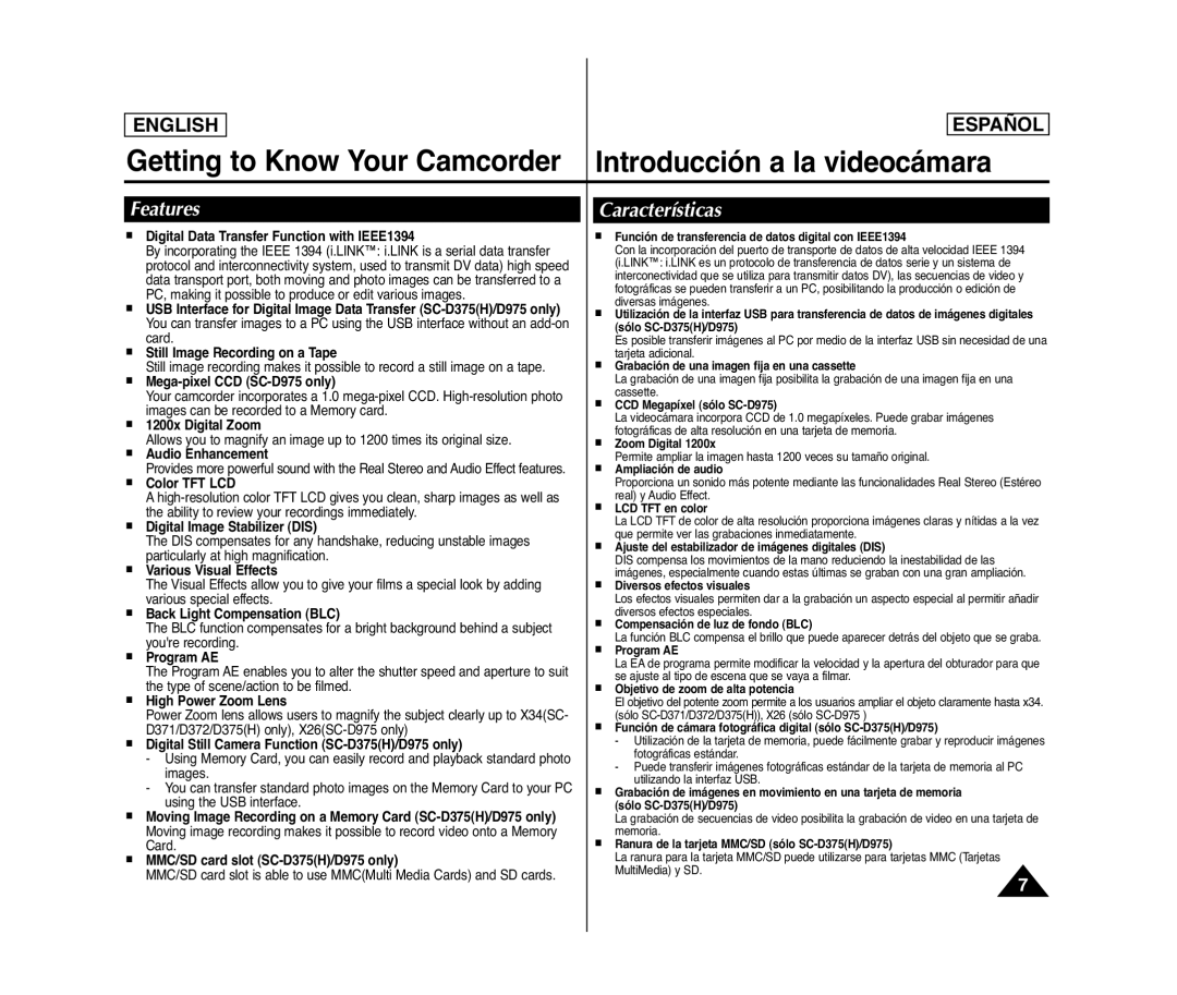 Samsung SC- D375(H) manual Features, Características 