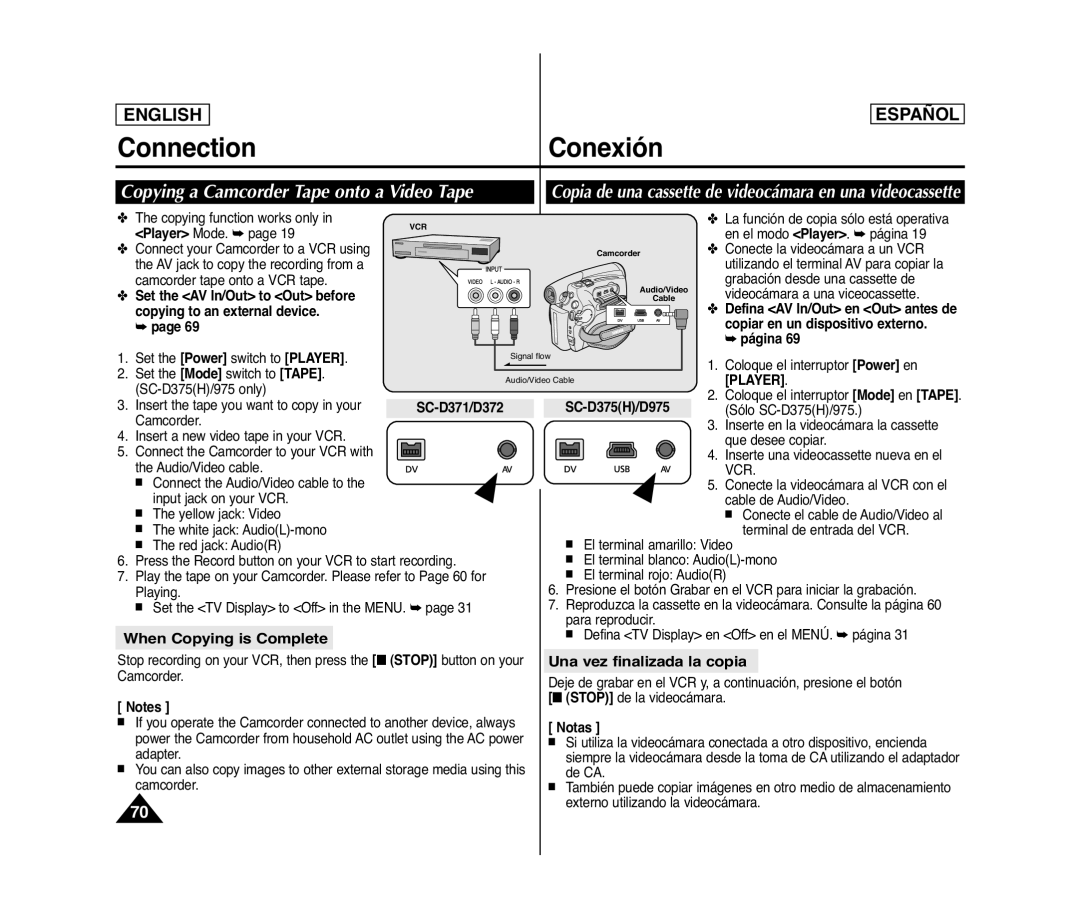 Samsung SC- D375(H) manual Connection Conexión, Copying a Camcorder Tape onto a Video Tape, When Copying is Complete 