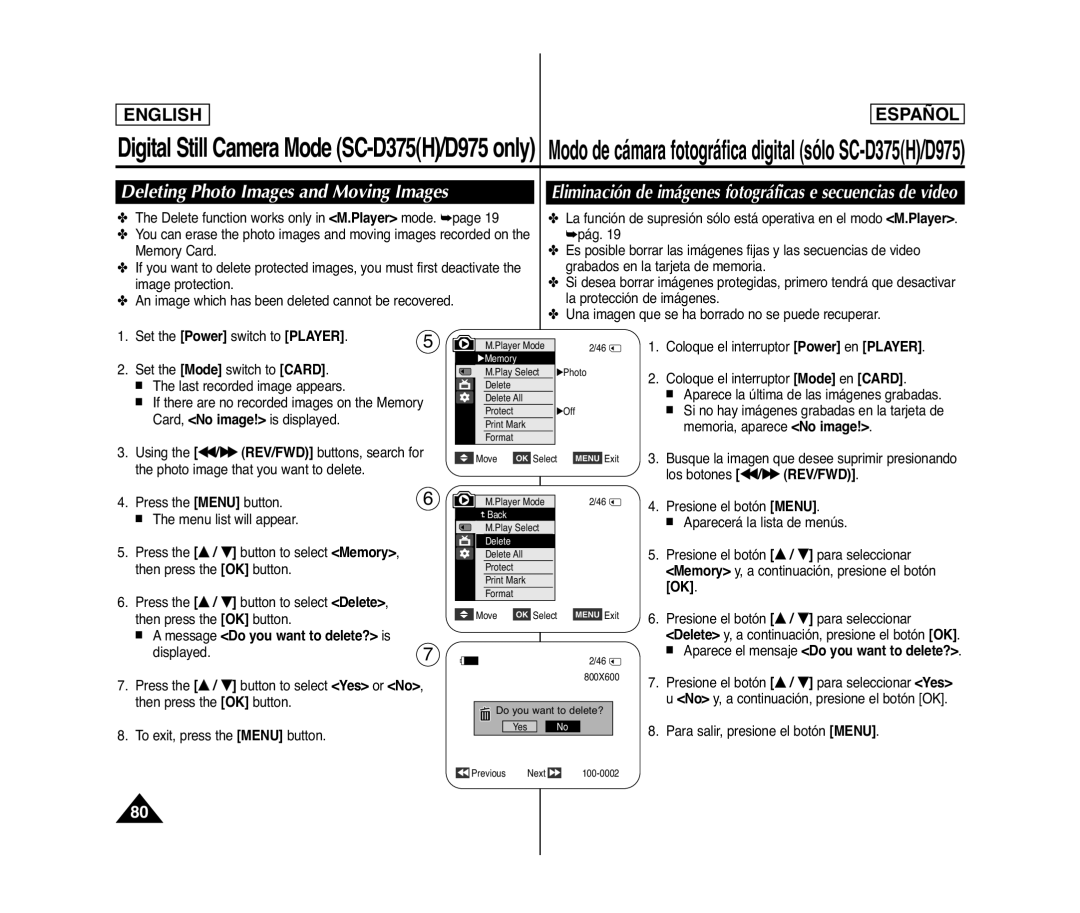 Samsung SC- D375(H) Deleting Photo Images and Moving Images, Eliminación de imágenes fotográficas e secuencias de video 