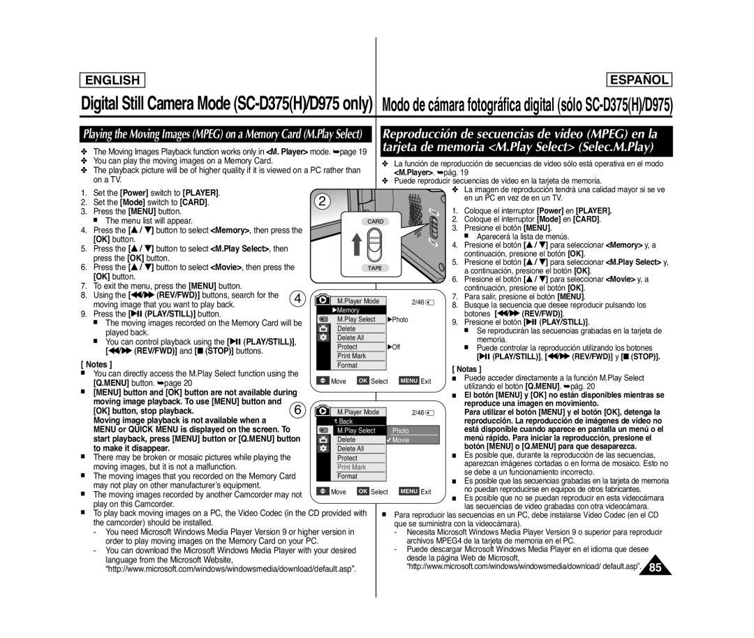 Samsung SC- D375(H) manual Reproducción de secuencias de video Mpeg en la, Tarjeta de memoria M.Play Select Selec.M.Play 