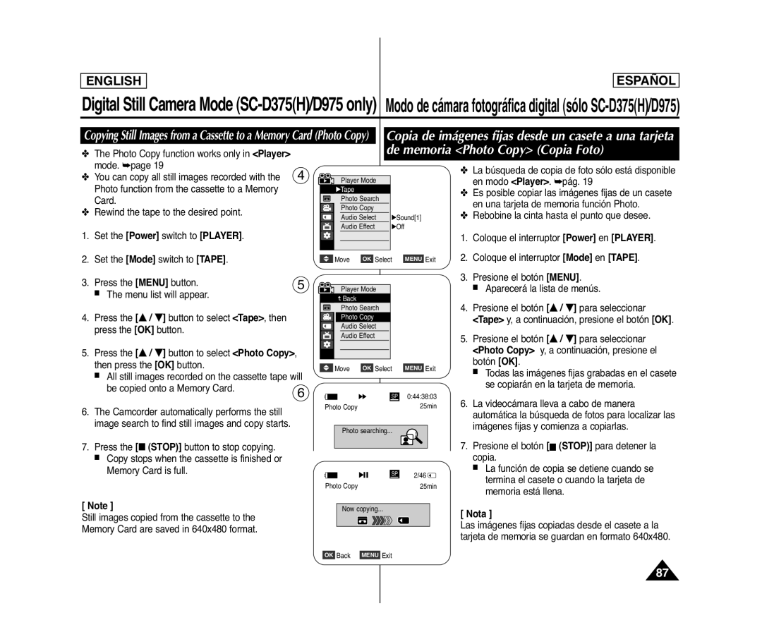 Samsung SC- D375(H) manual De memoria Photo Copy Copia Foto, Copia de imágenes fijas desde un casete a una tarjeta 