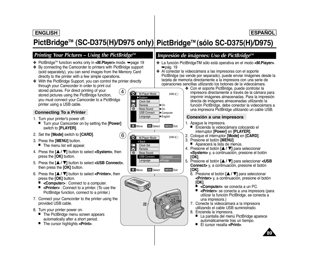 Samsung SC- D375(H) Printing Your Pictures Using the PictBridge TM, Connecting To a Printer, Conexión a una impresora 