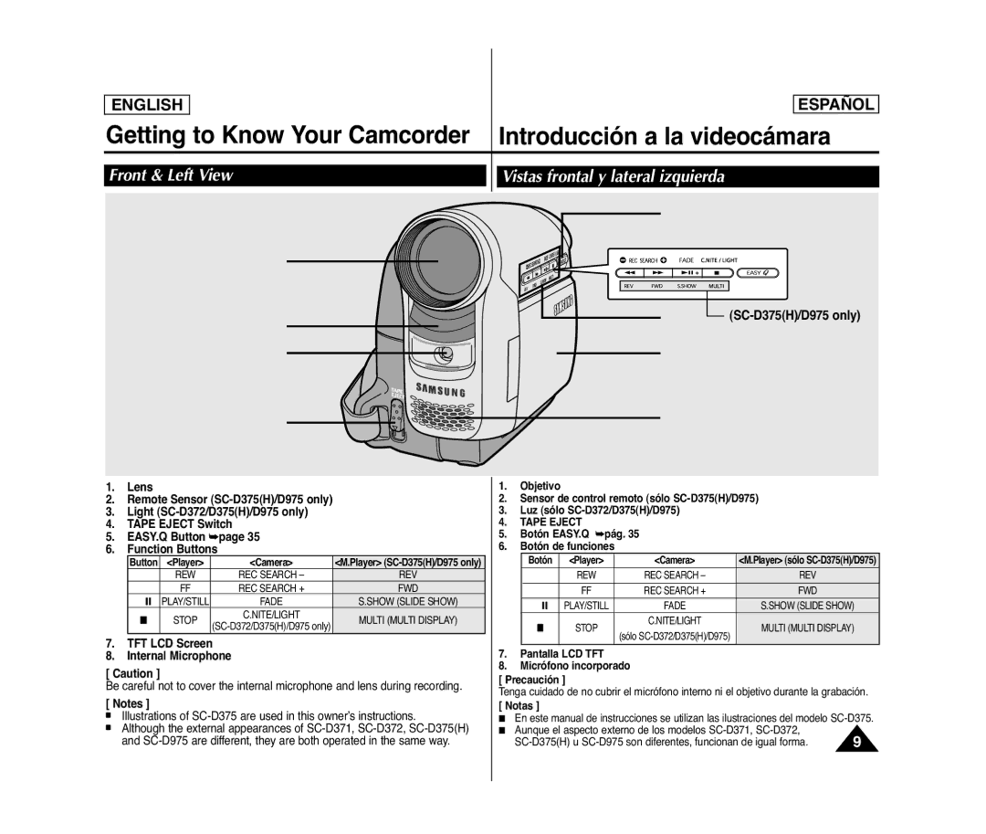 Samsung SC- D375(H) manual Front & Left View Vistas frontal y lateral izquierda, SC-D375H/D975 only 