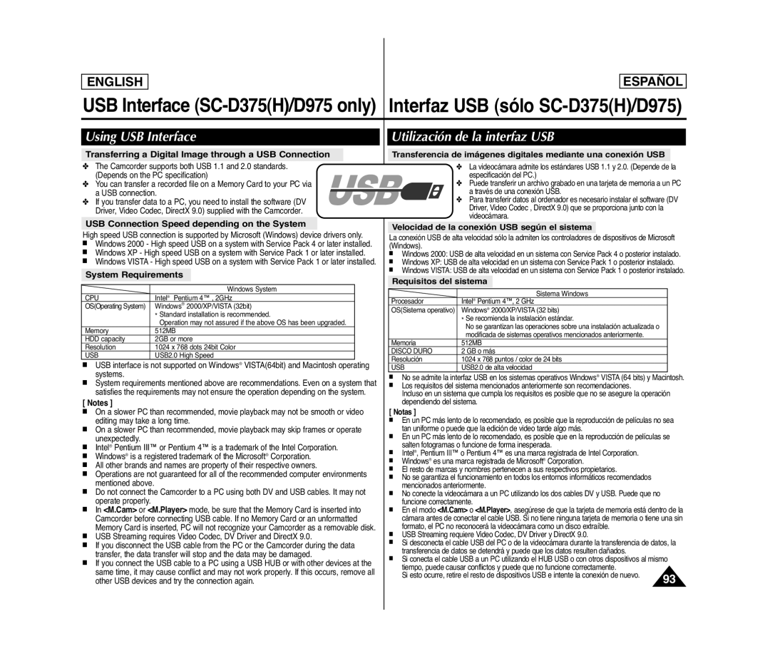 Samsung SC- D375(H) manual Using USB Interface Utilización de la interfaz USB, USB Connection Speed depending on the System 