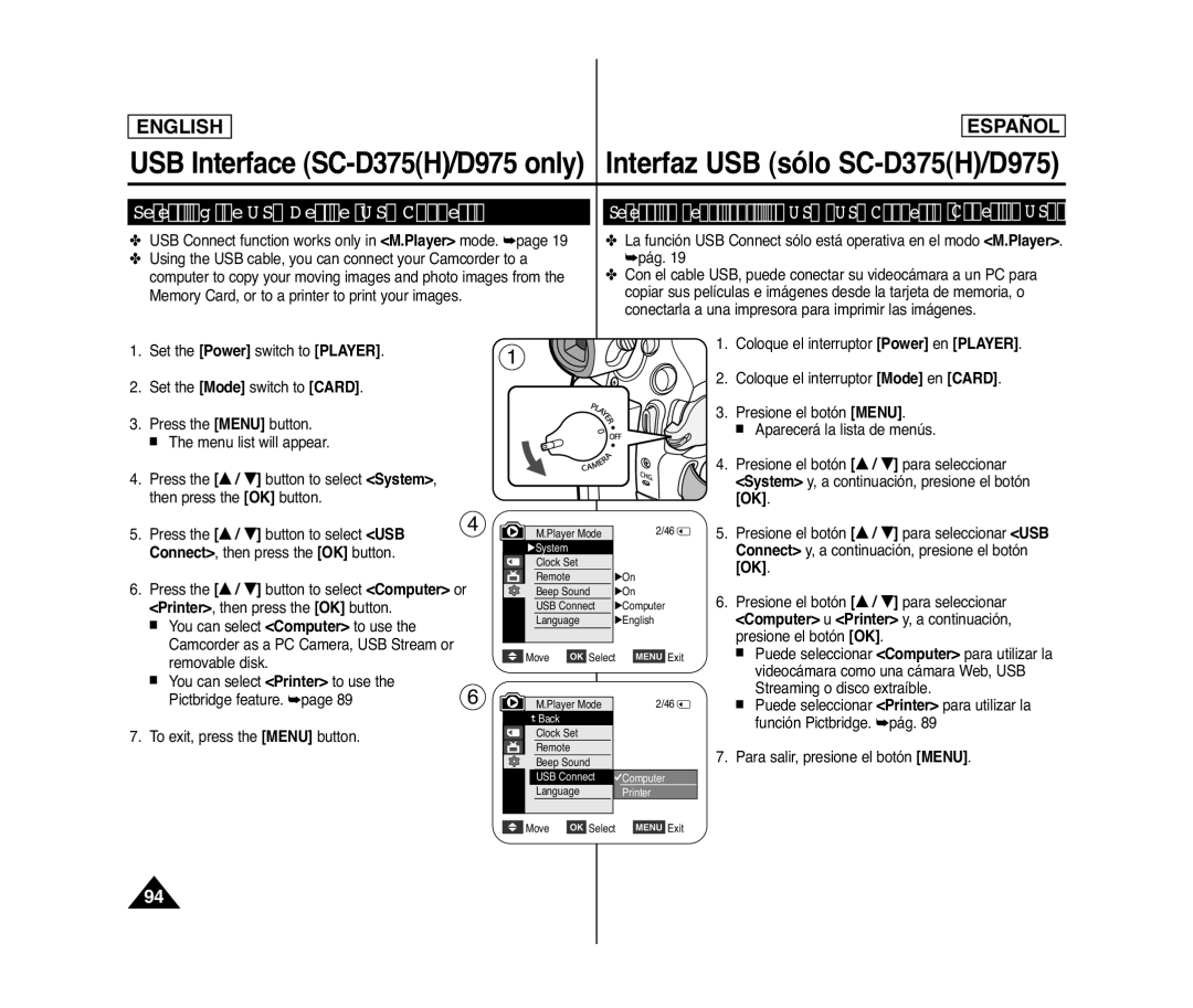 Samsung SC- D375(H) manual Selecting the USB Device USB Connect, Selección del dispositivo USB USB Connect Conexión USB 