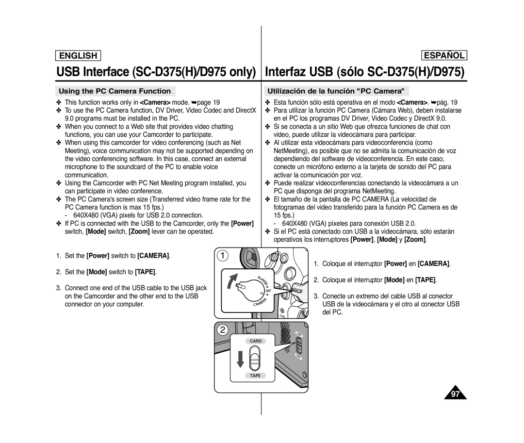 Samsung SC- D375(H) manual Using the PC Camera Function, Utilización de la función PC Camera 