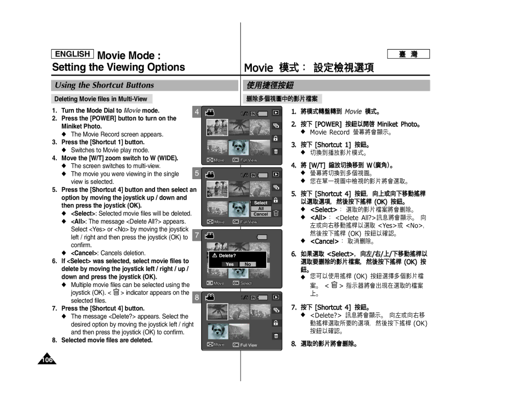 Samsung MS15 Deleting Movie files in Multi-View, Confirm Cancel Cancels deletion, Down and press the joystick OK, 106 