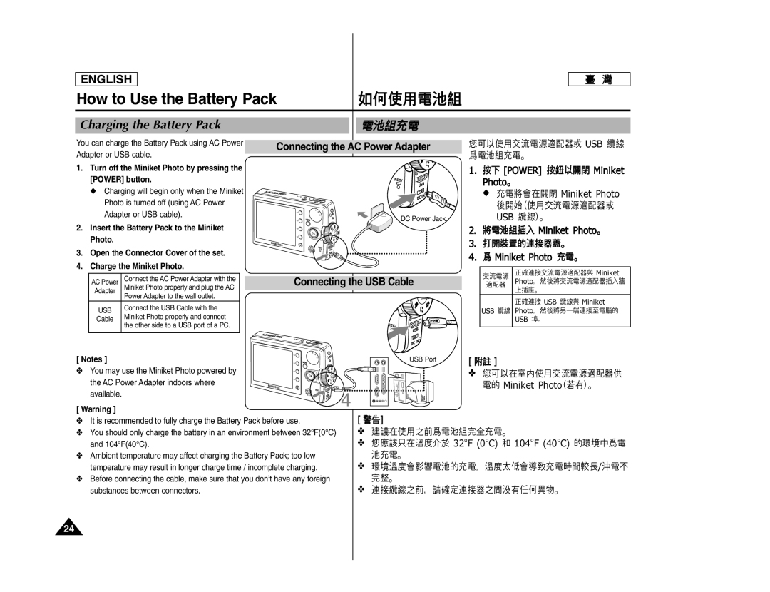 Samsung SC- MS10, SC- MS11, SC- MS15 manual Charging the Battery Pack, Connecting the AC Power Adapter 