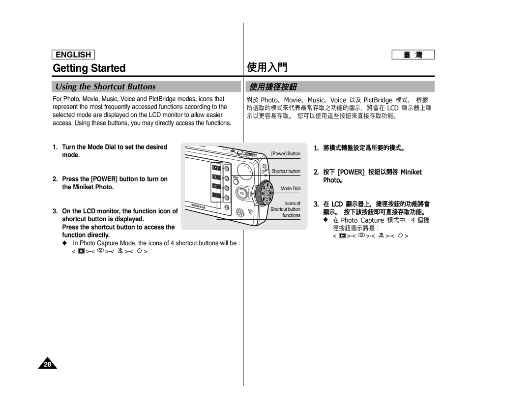 Samsung MS15, MS11 manual Using the Shortcut Buttons, Press the shortcut button to access the function directly 