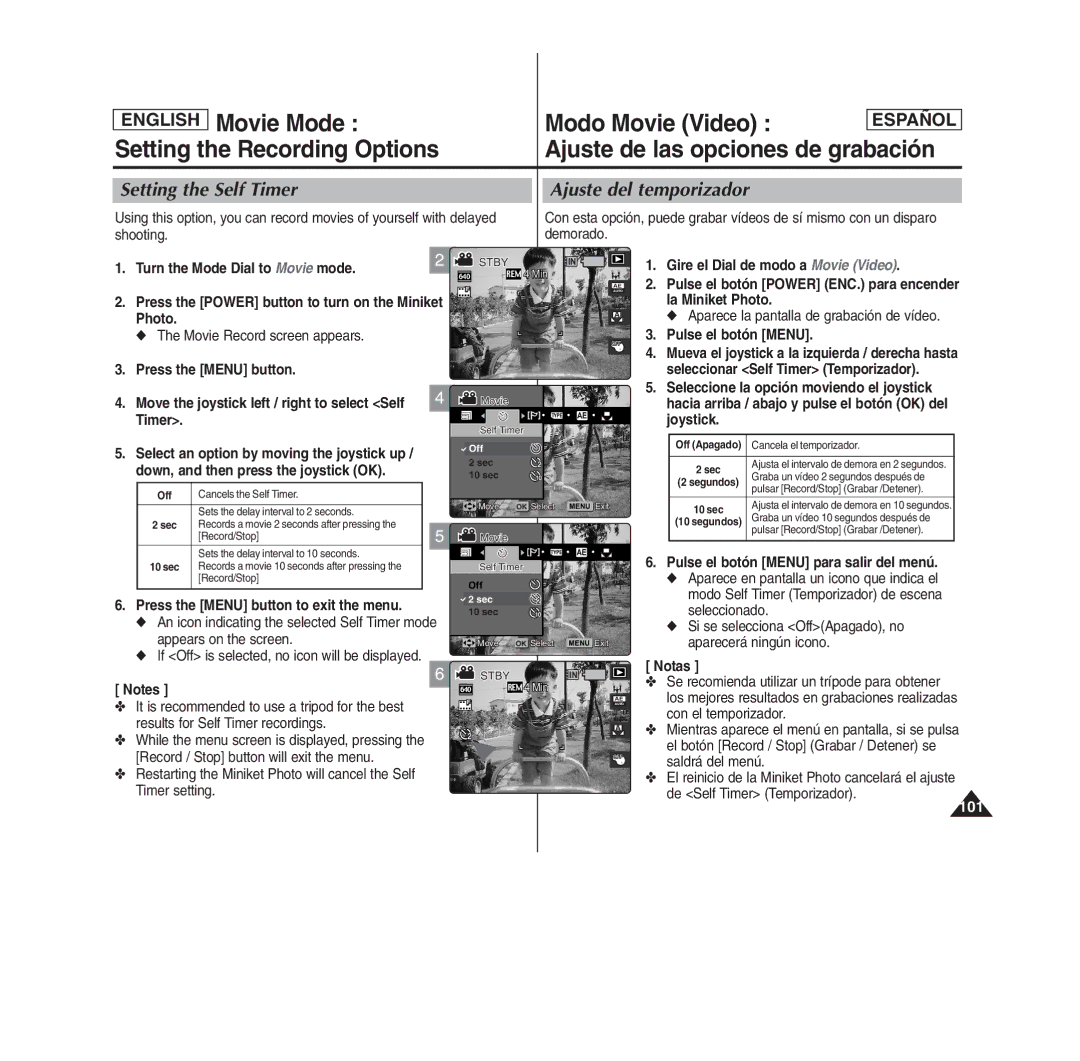 Samsung MS15(S/BL/R) manual Setting the Self Timer Ajuste del temporizador, Move the joystick left / right to select Self 