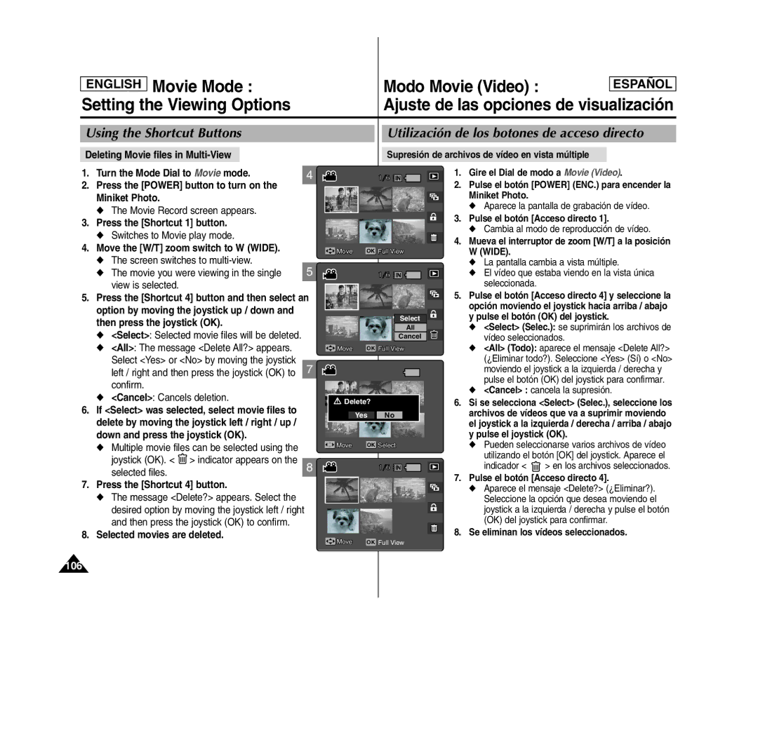 Samsung MS11(S/BL/R) manual Deleting Movie files in Multi-View, Down and press the joystick OK, Selected movies are deleted 