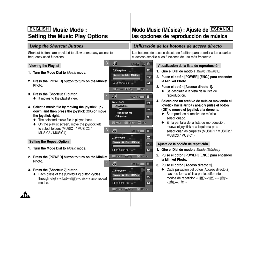 Samsung SC- MS10(S/BL/R), MS11(S/BL/R) Music Mode, Setting the Music Play Options, Modo Music Música Ajuste de Español 